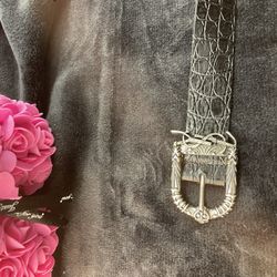 Authentic Saint Laurent Paris Black Croc-Embossed Leather Belt w/ Engraved Silver Buckle