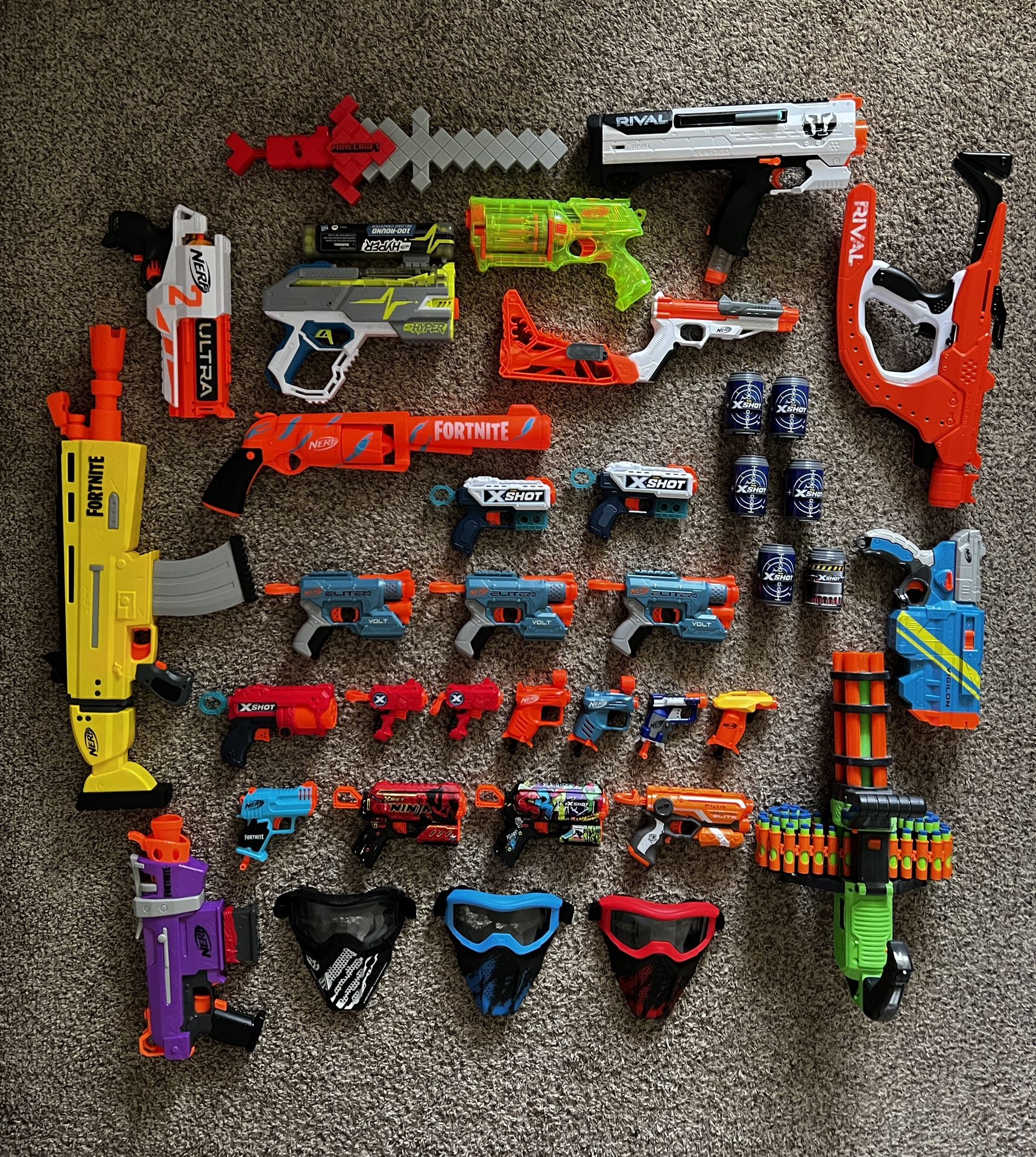28 Nerf Guns With Darts/bullets, 3 Masks & Target Cans (over $460 New)