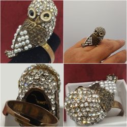 Vintage collector Owl Ring, Adjustable, beautiful antique Ring with pearls and crystal, 
