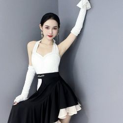 Latin Dance Dress White Print Halter Top black Split skirt with arm sleeves nwot