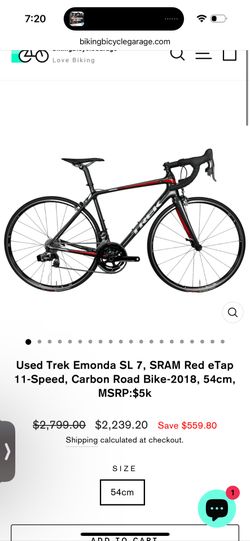 Used Trek Emonda SL 7, SRAM Red eTap 11-Speed, Carbon Road Bike-2018, 54cm, MSRP:$5k