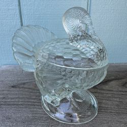 Vintage L.E Smith Clear Glass Turkey Covered Candy Dish 