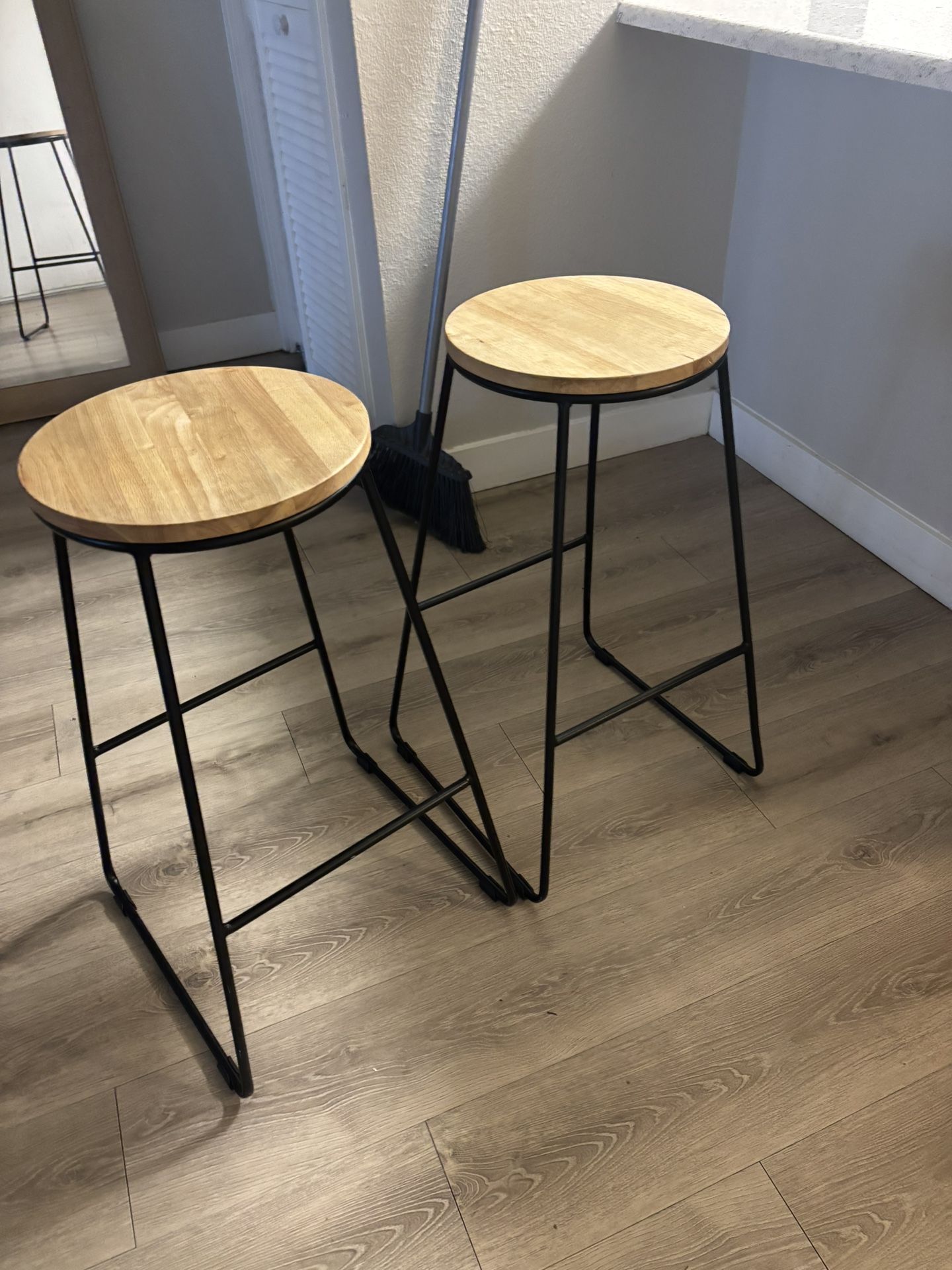 Set Of 2 28"H Backless Stool Black Metal Base with Natural Wood Seat