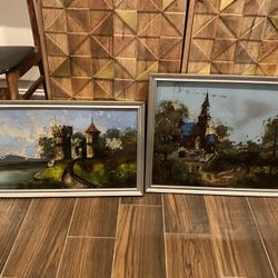 Set Antique Reverse Paintings Art 1915 