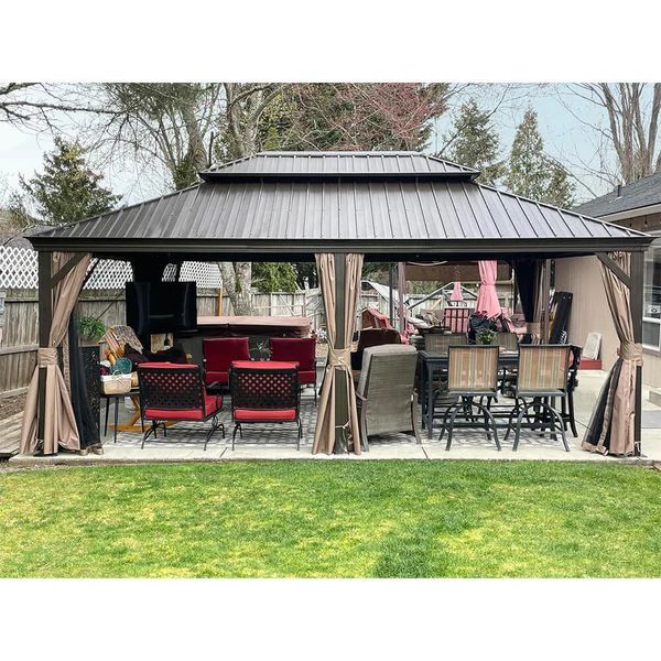 14x20FT Hardtop Gazebo, Permanent Metal Gazebo with Galvanized Steel Double Roof and Aluminum Frame, Curtain and Netting, Large Pavilion Gazebo for Pa