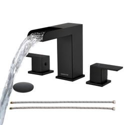 OMEKNTOP Matte Black Bathroom Faucet, 8 Inch Black Bathroom Sink Faucet 3 Hole, Waterfall Bathroom Faucet with Pop-Up Drain & Hose, 2-Handle for Lavat