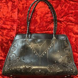 Patricia Nash Black Tooled Leather Satchel Purse With Cut Outs 