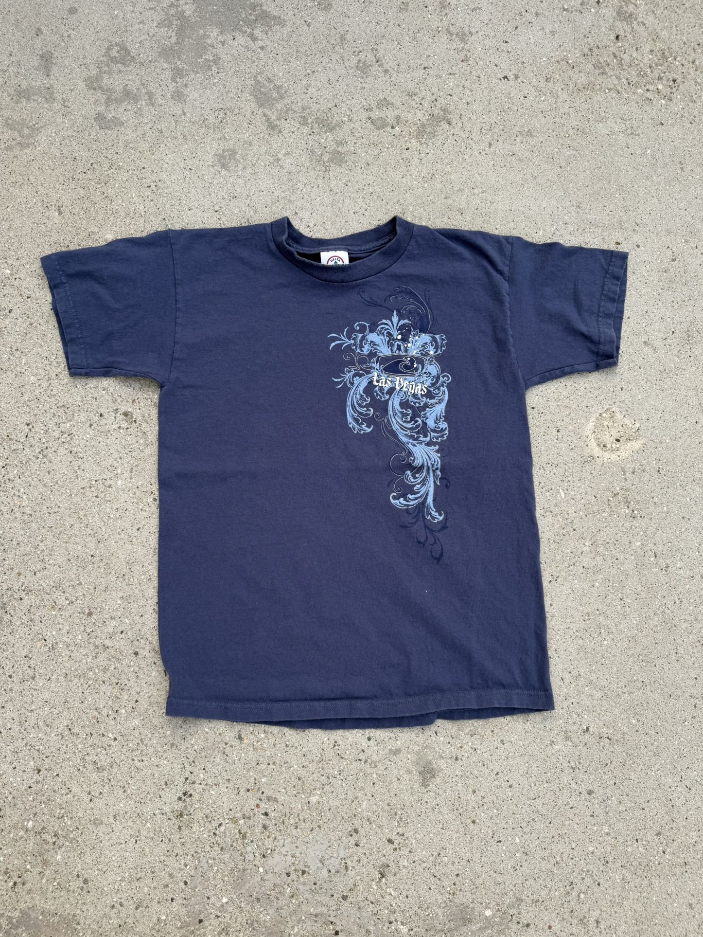 Blue and white vintage graphic tee with a surf vibe youth size Large 