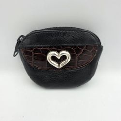 Brighton Black & Brown Leather Heart Coin Purse Mini Pouch Zip Wallet