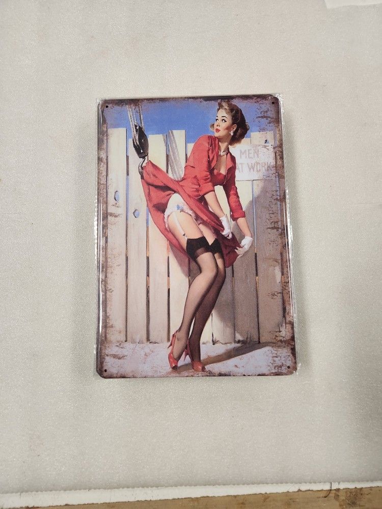 Retro Pinup Girl Construction Crane Hook Metal Sign