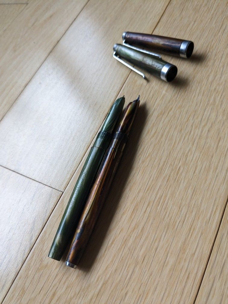 Set of 2 Fountain Pen, Ink Pen (Baronet Super Brand). Vintage 80's Collectible. Old Classic! Green & Brown. Model Unknown.