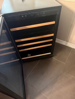 Black Wine Cooler with Wood Shelves