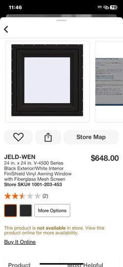 JELD-WEN (Brand Rating: 3.8/5) 24 in. x 24 in. V-4500 Series Black Exterior/White Interior FiniShield Vinyl Awning Window with Fiberglass Mesh Screen