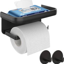 Toilet Paper Holder with Shelf- SVOPY Adhesive Toilet Paper Holder SUS 304 Stainless Steel, Black Toilet Paper Holder, Toilet Paper Roll Holder or Wal