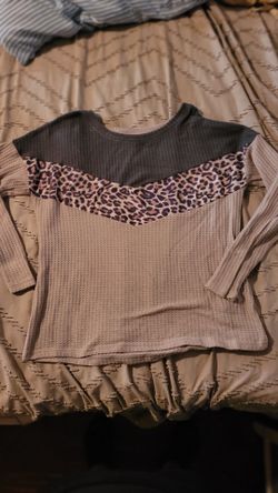 Waffle Knit Long Sleeve Top with Leopard Print