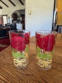 Pair of Vintage Red Rose Drinking Glasses