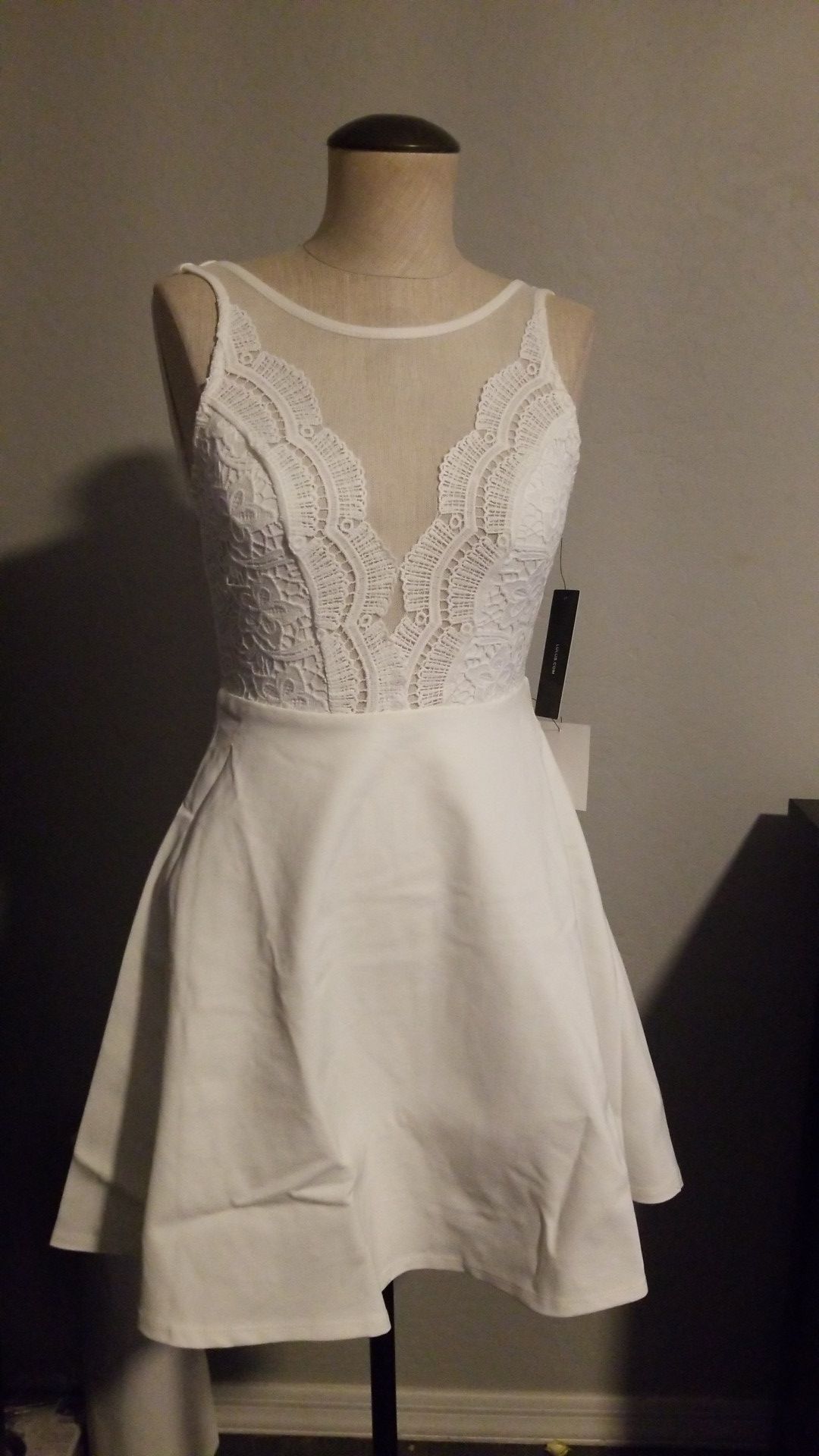 New Size S Small women's white skater dress sheer mesh crochet lace wedding bridal shower bachelorette party dancing dress