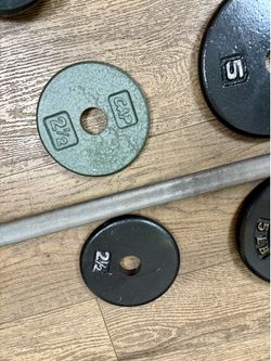7 ft Standard Steel VINTAGE Bar With  Cast Iron Weight Plates:25s, 10s, 7.5s, 5s & 2.5 lbs (Total: 125 lbs)