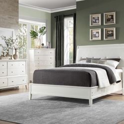 Queen White Wood Modern Bedroom Set 4pcs- Financing Available