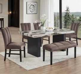 FAUX MARBLE DINING TABLE WITH CHAIRS AND BENCH