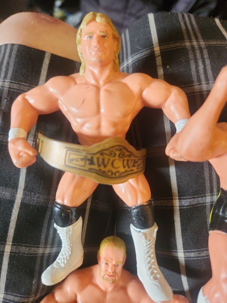 Lot Of 3 WCW Vintage 1990 Figures Lex Luger Barry Whindom Scott Steiner With WCW Championship Belt