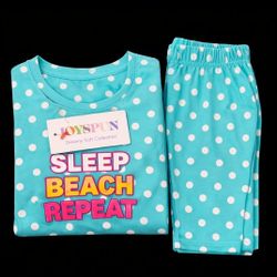 Polka Dot Pajama Set Turquoise White Short Sleeve Crew Neck 'Sleep Beach Repeat'