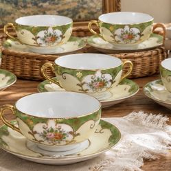 Vintage Set 7 Hand Painted Ardalt Occupied Japan Floral Tea Cups Saucer Cottagecore 1940’s Gold Trim Hand Painted Flowers Antique Bridal Shower Tea Pa