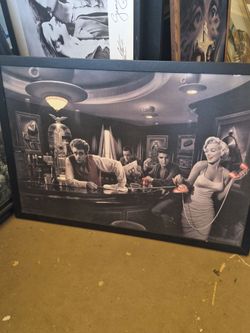 image is a print titled Java Dreams by artist Chris Consani, featuring iconic figures Marilyn Monroe, James Dean, Elvis Presley, and Humphrey Bogart i