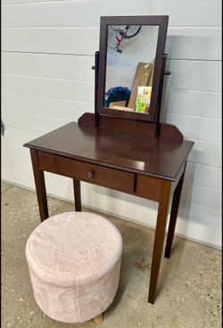 Wooden vanity table with mirror and stool