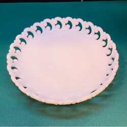 Vintage Fenton white milk glass dish with lacy scroll edge in a reverse C design