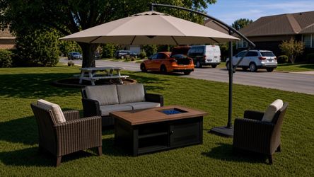 !!!New!!! 6 piece patio set includes loveseat, two single chairs, fire pit table umbrella with base