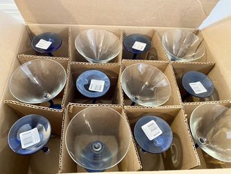 1 Dozen New Martini Glasses Cobalt Blue Stems + 5 Champagne Glasses 