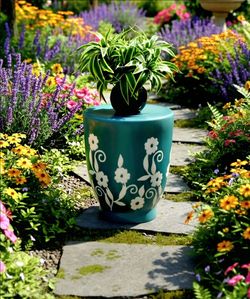 teal ceramic garden stool or side table decorated with a white floral and vine pattern 20"×18"