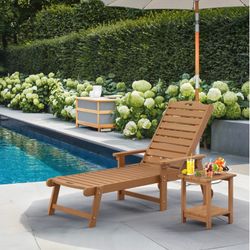 Teak color HDPS adjustable lounge chair with table