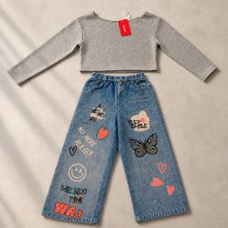 Girls Crop Top and Graphic Wide-Leg Jeans Set