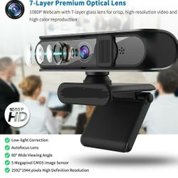 Auto Focus HD 1080 Webcam W/ Microphone & Privacy Cover 