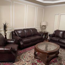 Traditional Burgundy 100% Leather Living Room Set 3pcs Coaster