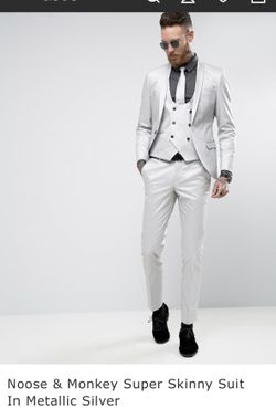 Noose & Monkey Super Skinny 3 Piece Suit Metallic Silver Men's 36R/30R Cotton