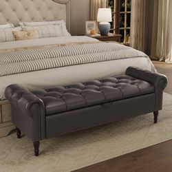 Dark Brown Leather 50inch Queen Bed Storage Bench 