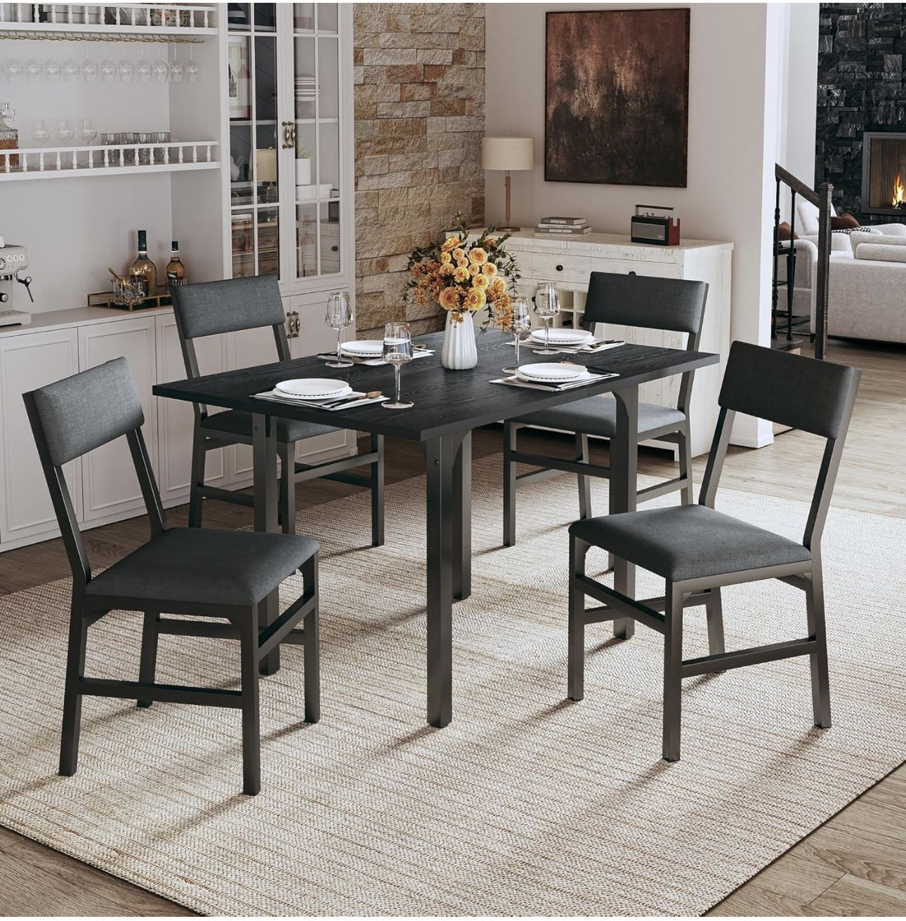 Dining Table Set for 4, Extendable Kitchen Table Cushion Chairs Set of 4, Rectangle Dining Table with Metal Frame & MDF Board, Folding for Small Apart