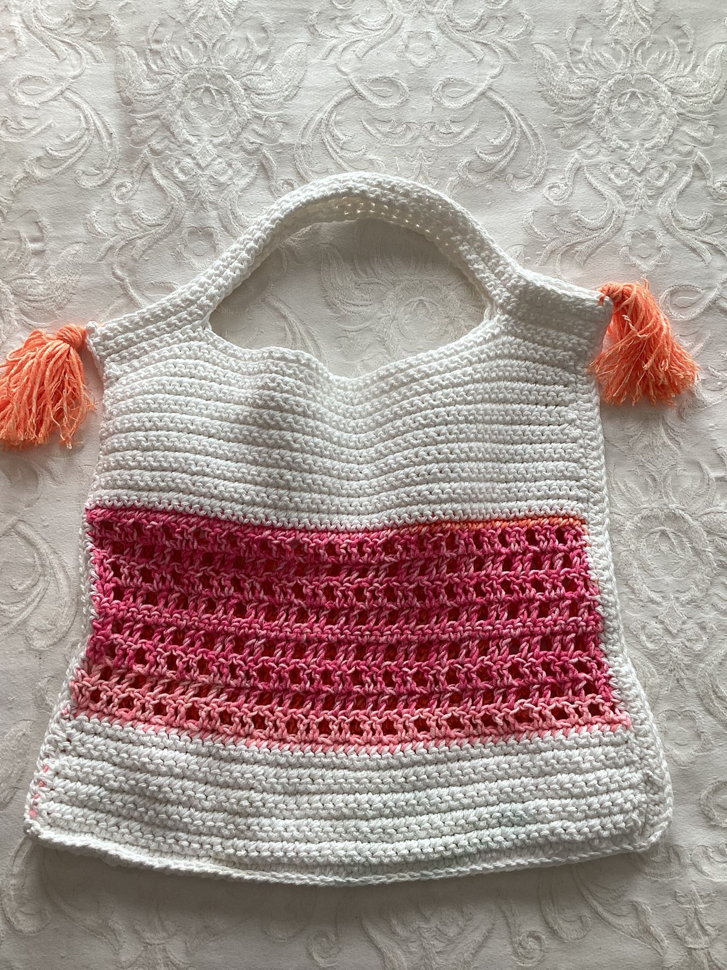 NEW pink & orange Handmade Crochet Bag with tassels 18”L x 16”W (pink on one side, orange on the other)