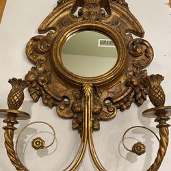 Vintage molded plastic frame mirror with metal & gilt wood candle holders. Rococo style Italian. MCM