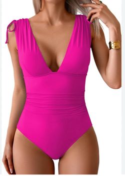 New women’s Hot Pink One Piece Swimsuit   Tummy Control Ruched  Bathing Suit Sexy High Cut  Swimwear V Neck Swim Suit New With Tags Maevier Size XL