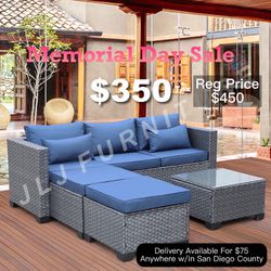 NEW 🔥  Outdoor Patio Furniture Silver Grey Wicker Conversation Set Aegen Blue Cushions And Glass Table ASSEMBLED