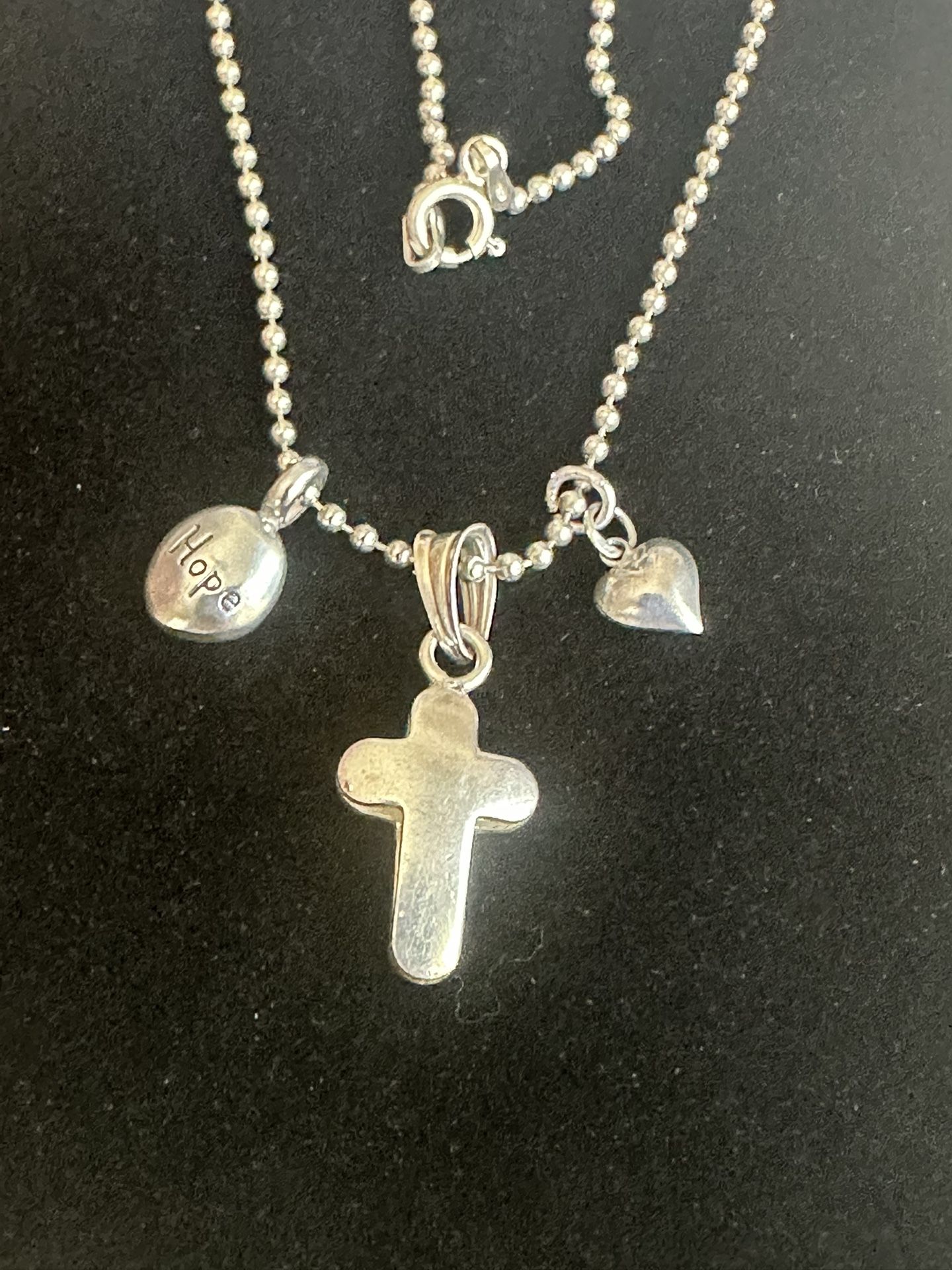 925 Sterling Silver W/ 3 Charms , Cross Pendant, Hope And Heart ❤️, 18 In . All Sterling Silver All Marked.