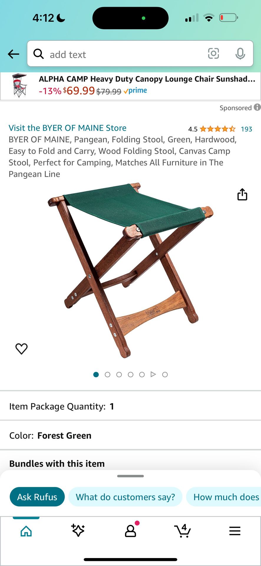 BYER OF MAINE, Pangean, Folding Stool, Green, Hardwood, Easy to Fold and Carry, Wood Folding Stool, Canvas Camp Stool, Perfect for Camping, Matches Al
