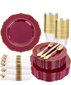 350PCS Red Plastic Plates-Disposable Burgundy Red and Gold Plates 50guest Baroque Plastic Dinnerware include 100Plates, 50Pack Pre Rolled Napkins with