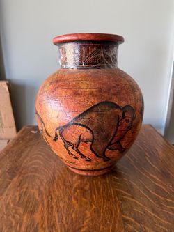 Vintage Hand-Painted Buffalo/Bison Decorative Vase – Rustic Southwestern Style