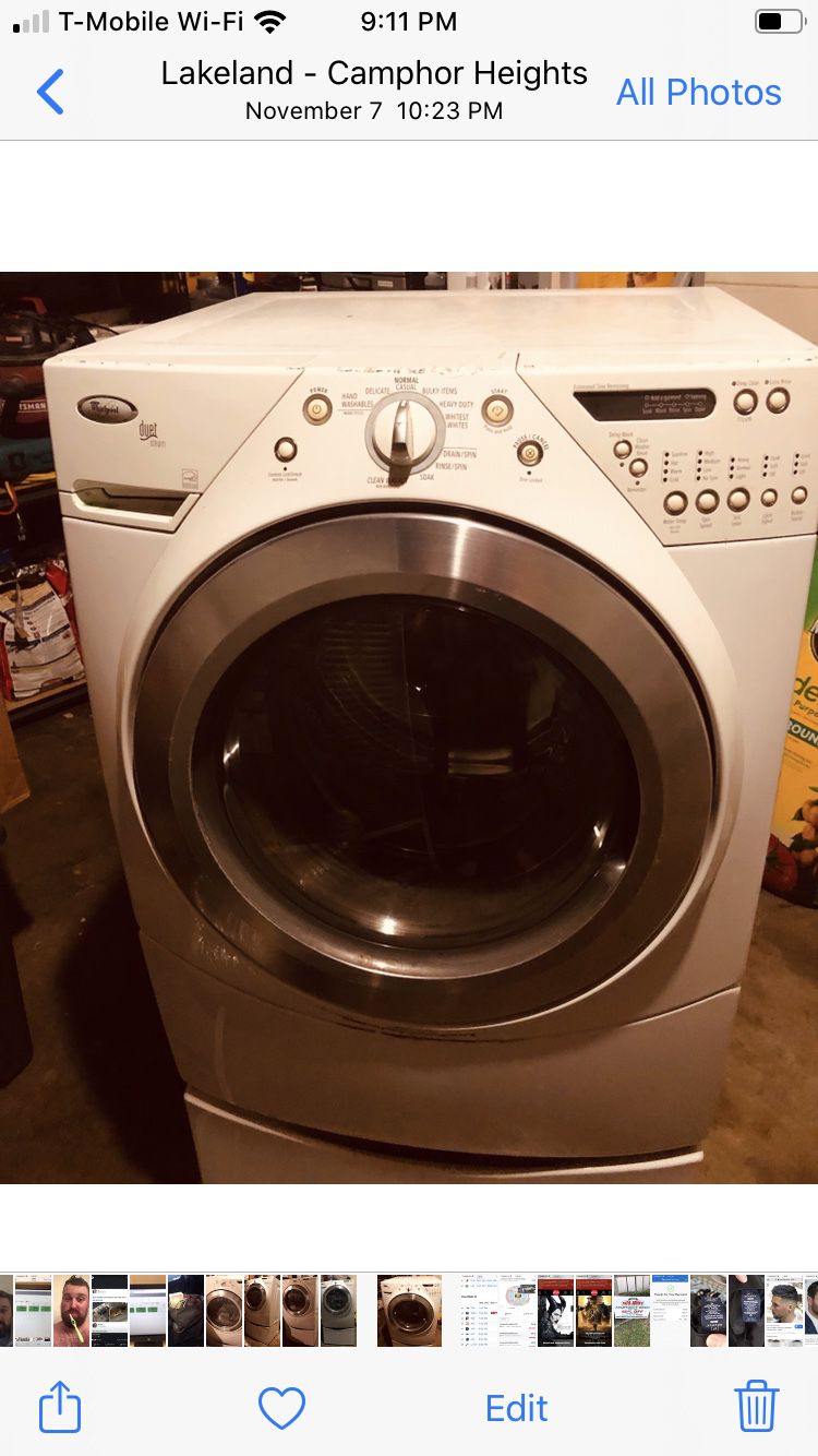 Front load whirlpool washer and dryer set.