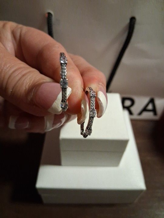 Pandora Authentic Brand New Sterling Silver Sparkling XL Pave Bars Hoop Earrings